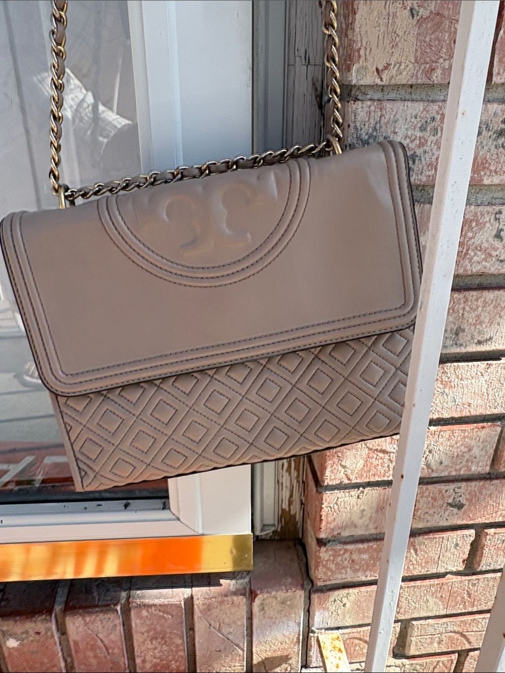 Taupe Quilted Chain Shoulder Bag - used condition please see photos !!